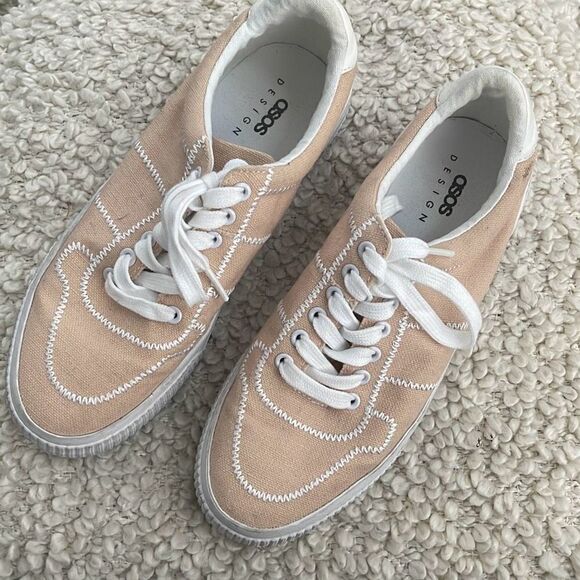 Asos‎ Design Women's Lace Up Embroidered Platform Canvas Sneaker Shoes Pale Pink - Picture 2 of 8